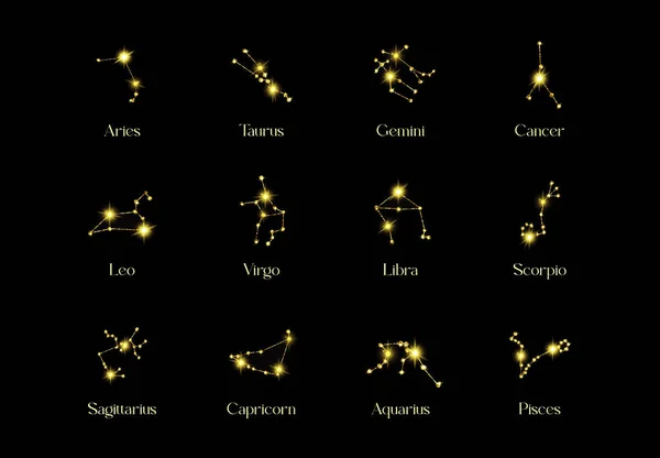Horoscope Constellations Zodiac Sign Golden Texture Black Background — Vetor de Stock