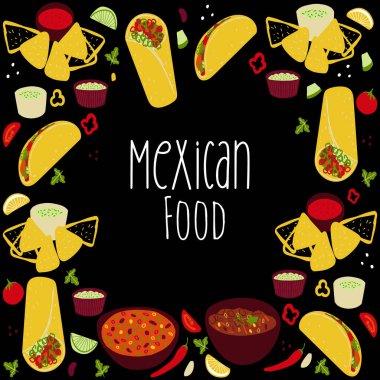 Frame background with illustration Mexican food Tacos, Burrito, Chili Con Carne, Guacamole, Salsa roja sauce illustration on black background.