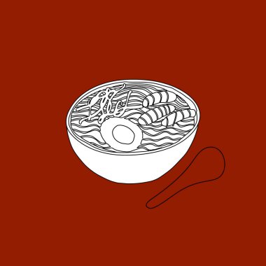 Asian cuisine noodle soup outline illustration on red background.