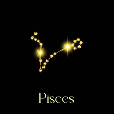 Horoscope Pisces Constellations of the zodiac sign from a golden texture on a black background.