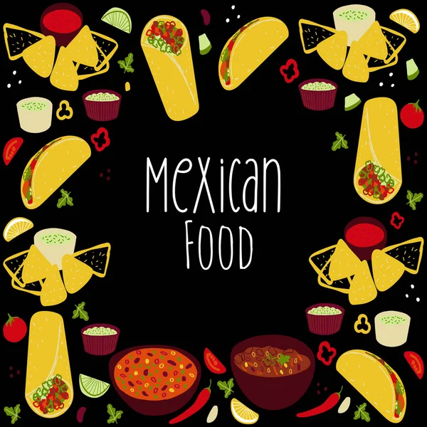 Frame background with illustration Mexican food Tacos, Burrito, Chili Con Carne, Guacamole, Salsa roja sauce illustration on black background.
