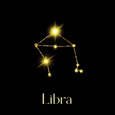 Horoscope Libra Constellations of the zodiac sign from a golden texture on a black background.