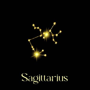 Horoscope Sagittarius Constellations of the zodiac sign from a golden texture on a black background.