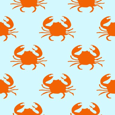 Seamless pattern with orange crab illustration on blue background.