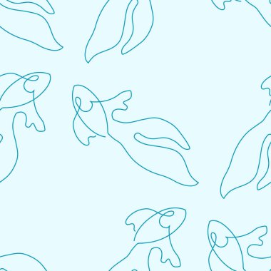 Seamless pattern with fish illustration in line art style on light blue background.