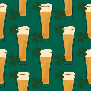 Seamless pattern with illustration stylized mug of beer on green background for St.Patrick holiday.