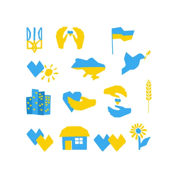 ウクライナのスタイルのシンボルイラストを保存します ウクライナの地図 フラグ 平和の鳥 国の青と黄色の分離されたカットスタイルで手にひまわりと心 — ストックベクタ