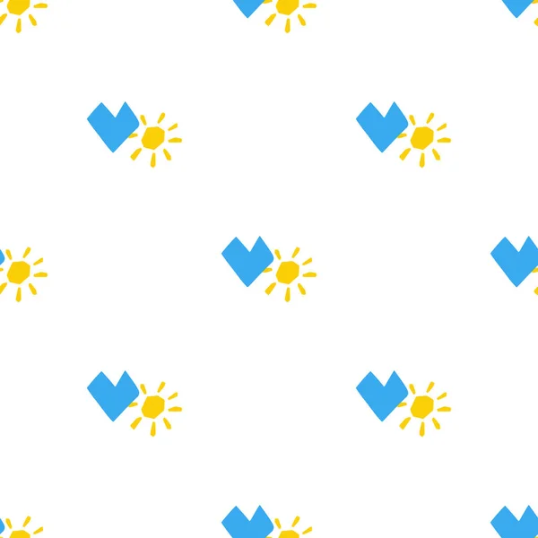 Безшовний Візерунок Символічним Серцем Сонячною Ілюстрацією Стилі Вирізаного Синьо Жовтого — стоковий вектор