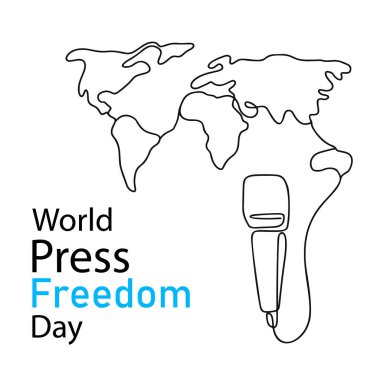 Dünya Basın Özgürlüğü Günü için mikrofon ve dünya haritasının beyazı üzerine sanat tarzı çizimi.