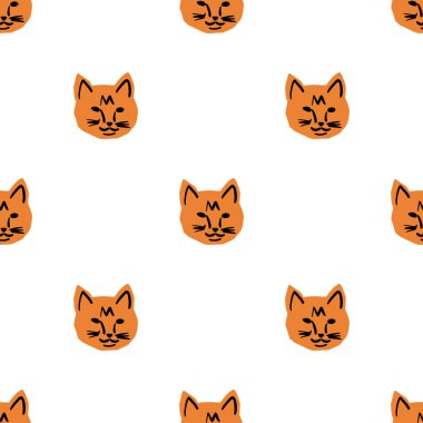 Beyaz arka planda minimalist kesim tarzında kedi kafası illüstrasyonuyla kusursuz desen.