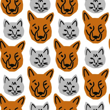 Beyaz arka planda minimalist kesim tarzında kedi ve köpek kafası çizimleriyle kusursuz desen.