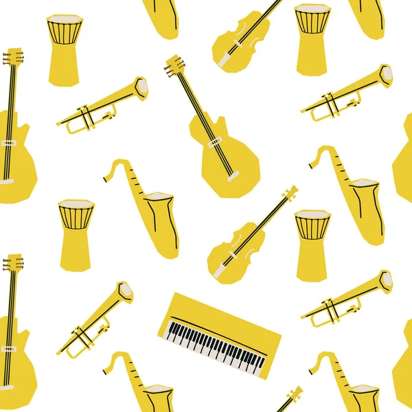 Płynny Wzór Ilustracja Instrumentów Muzycznych Stylu Cięcia Żółty Kolor Białym — Wektor stockowy
