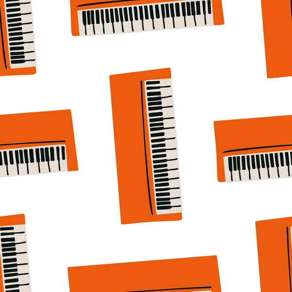 Sömlös Mönster Med Illustration Musikinstrument Synthesizer Skärande Stil Orange Vit — Stock vektor