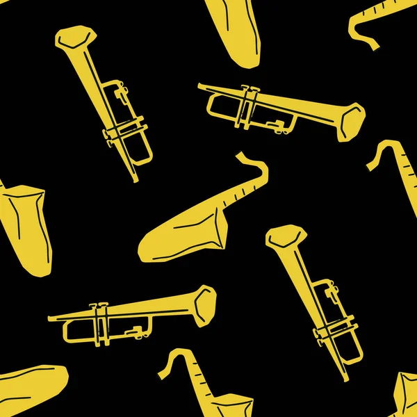 Seamless Pattern Illustration Musical Instrument Trumpet Saxophone Cutting Style Yellow — Stock Vector