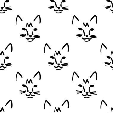 Beyaz zemin üzerinde minimalist taslak biçiminde kedi kafası çizimi olan kusursuz desen.