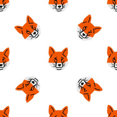 Beyaz arka planda minimalist kesim tarzında Fox baş illüstrasyonuyla kusursuz desen.