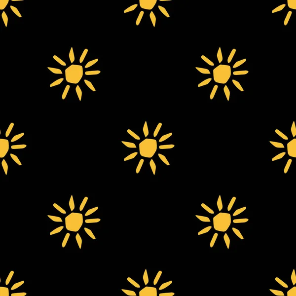 黒の背景に太陽のイラストとシームレスなパターン — ストックベクタ