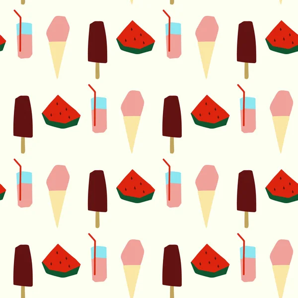 白を背景にした最先端のアイスクリームスイカで夏のフードラスタレーションとシームレスなパターン — ストックベクタ