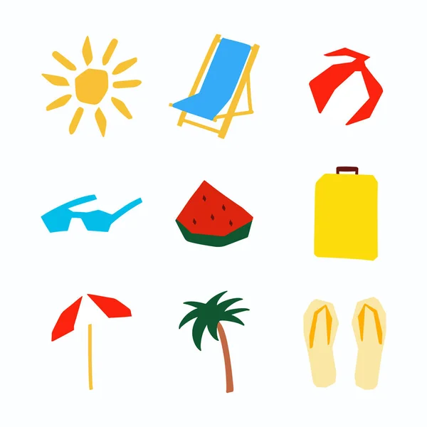 Set Vacaciones Verano Símbolo Ilustración Estilo Corte Paraguas Palma Solar — Vector de stock
