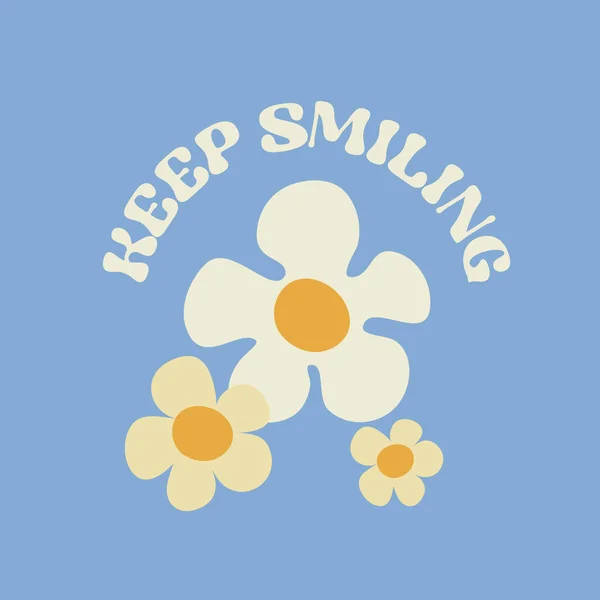 Design Motivační Karty Textem Keep Smiling Flowers Groovy Style Bllue — Stockový vektor