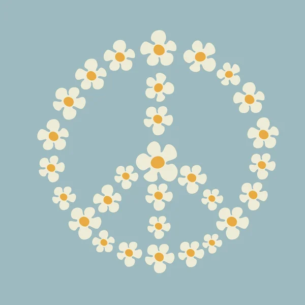 Illustration Eines Friedenssymbols Aus Kamillenblüten Groovy Stil Auf Blauem Hintergrund — Stockvektor