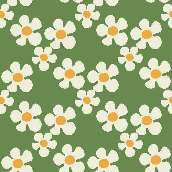Seamless Pattern Daisy Flowers Groovy Style Green Background — Stock Vector