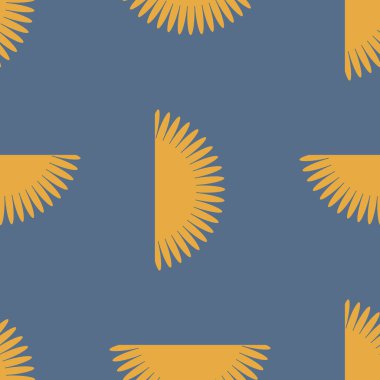 Mavi arka planda sarı renkli geometrik güneş sembollü kusursuz desen.