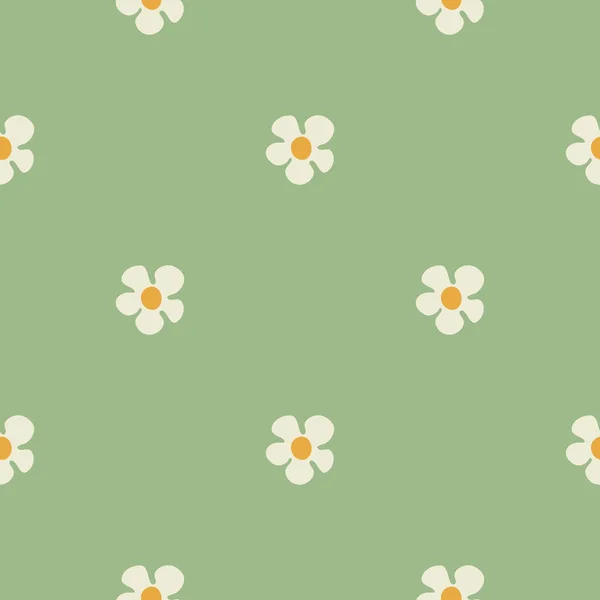 Sömlös Mönster Med Tusensköna Blommor Groovy Stil Grön Bakgrund — Stock vektor