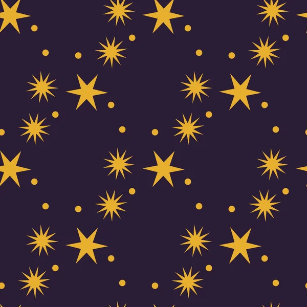 濃い青の背景に黄色の星とシームレスなパターン — ストックベクタ