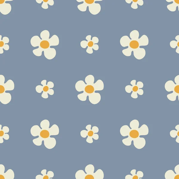 Seamless Pattern Daisy Flowers Groovy Style Blue Background — Stock Vector