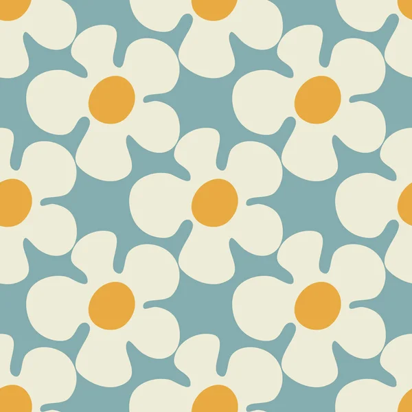 Nahtloses Muster Mit Gänseblümchen Blumen Groovy Stil Auf Blauem Hintergrund — Stockvektor