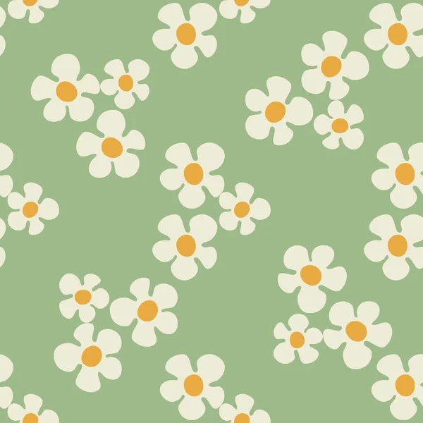 Seamless Pattern Daisy Flowers Groovy Style Green Background — Stock Vector