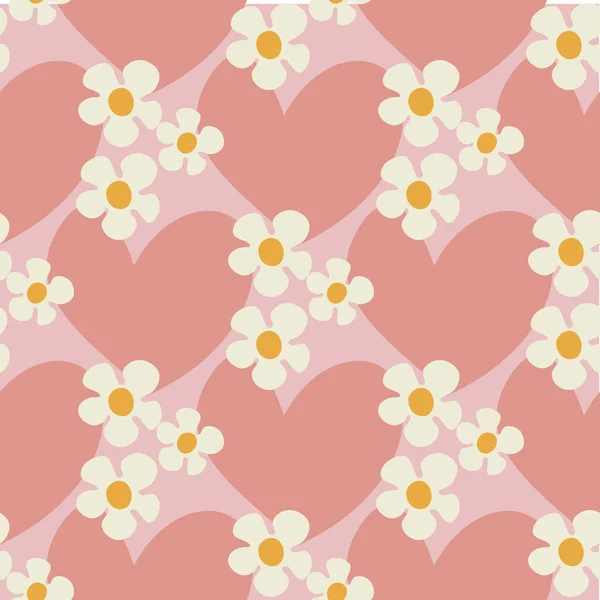 Seamless Pattern Heart Shape Flowers Daisy Flowers Groovy Style Light — Stock Vector