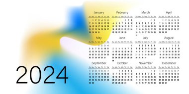Soyut arkaplan üzerine takvim 2024 beyaz üzerine açık mavi ve sarı gradyan rengi.