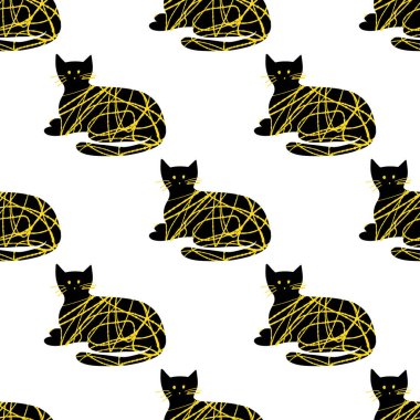 Beyaz zemin üzerinde desenli şirin kedi çizimi olan pürüzsüz bir desen..