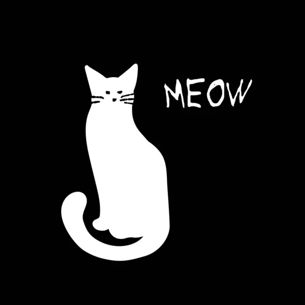 白色猫图以文字Meow隔离在黑色上 — 图库矢量图片
