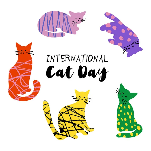 Illustration Journée Internationale Chat Avec Des Chats Mignons Colorés Texturés — Image vectorielle