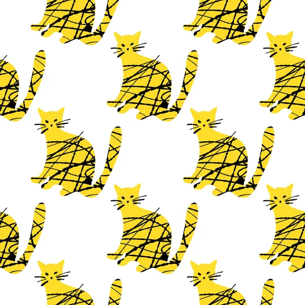 Patrón Sin Costuras Con Textura Lindo Gato Ilustración Color Amarillo — Archivo Imágenes Vectoriales