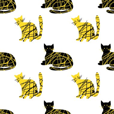 Beyaz zemin üzerinde desenli şirin kedi çizimi olan pürüzsüz bir desen..