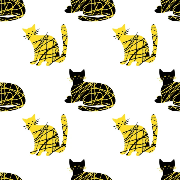Patrón Sin Costuras Con Ilustración Gato Lindo Texturizado Color Negro — Archivo Imágenes Vectoriales