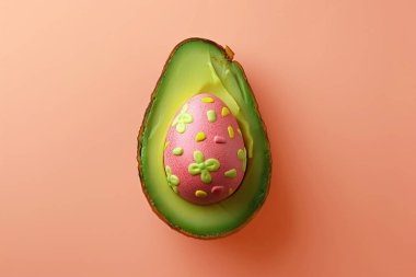 Easter egg cradled in an avocado half on a peach colored background clipart