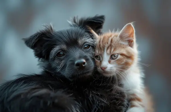 black dog and orange kitten cuddle, showing a close bond.