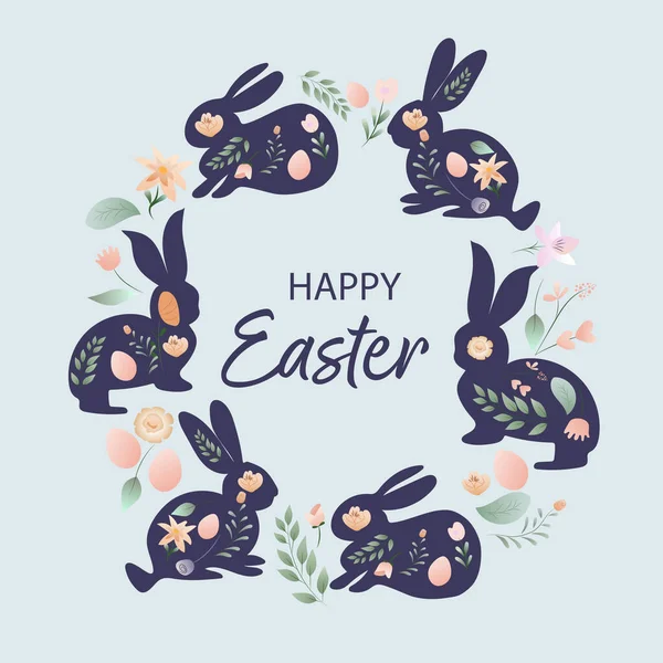 Happy Easter banner. Trendy Easter design with typography, hand painted strokes and dots, eggs and bunny in pastel colors. Modern minimal style. Greeting card, website, web page