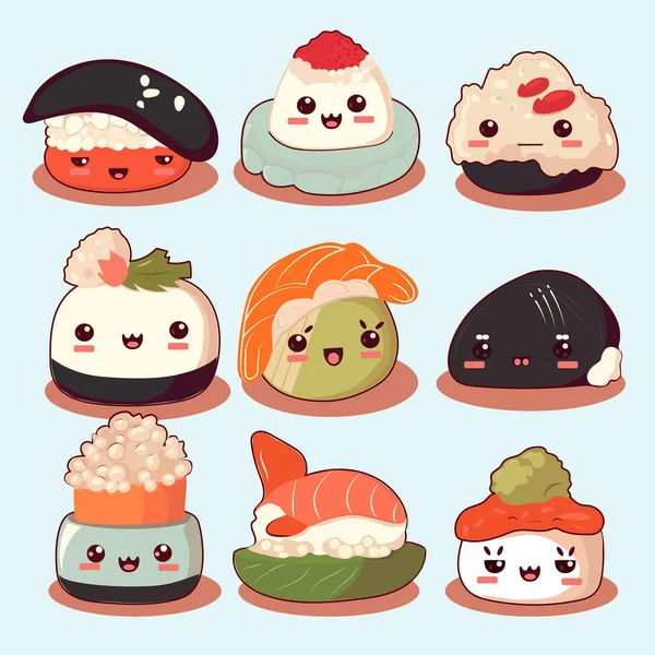 Emoji Sushi Zeichen Karikatur Japanisches Essen Vector Setzte Sushi Comicfiguren — Stockfoto