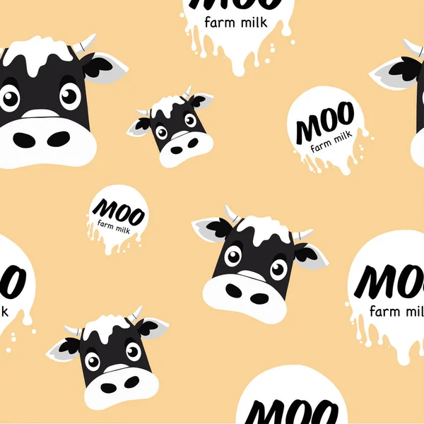 Funny cartoon vector cow face with grass logo template. Fresh organic meat farmer products Logotype concept icon, pattern