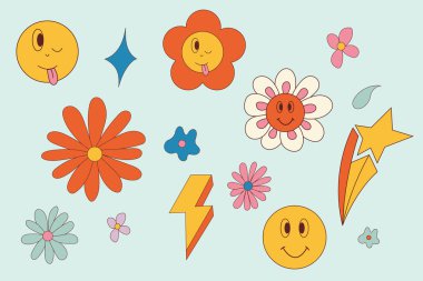 70 'lerin hippi çıkartmaları, psikedelik moda elementler. Çizgi film mantarları, çiçekler, gökkuşağı, klasik hippi tarzı element seti. Komik bir set.