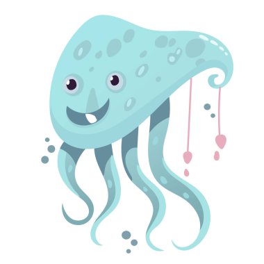 Mutlu ve komik deniz çizgi filmi ahtapot canavar yüzüyor ve arka planda ışığa bakıyor. Çocuklar için düz vektör illüstrasyonu.