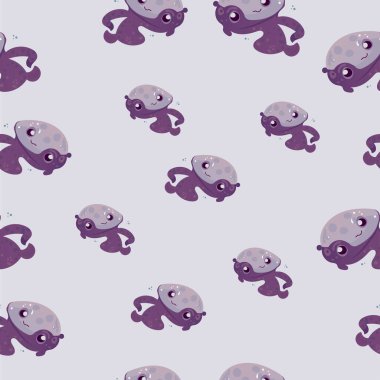 Mutlu ve komik deniz çizgi filmi ahtapot canavar yüzüyor ve arka planda ışığa bakıyor. Çocuklar için düz vektör illüstrasyonu.