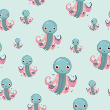 Mutlu ve komik deniz çizgi filmi ahtapot canavar yüzüyor ve arka planda ışığa bakıyor. Çocuklar için düz vektör illüstrasyonu.