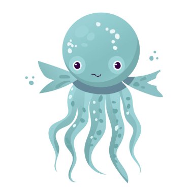 Mutlu ve komik deniz çizgi filmi ahtapot canavar yüzüyor ve arka planda ışığa bakıyor. Çocuklar için düz vektör illüstrasyonu.